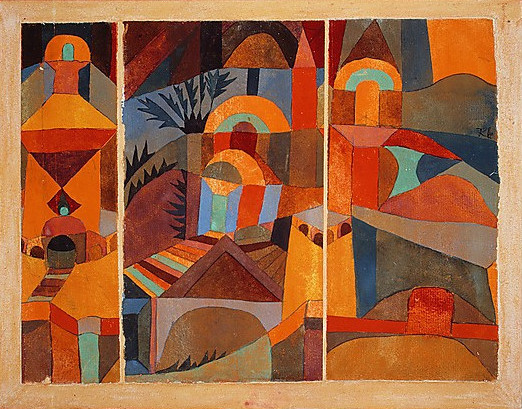 "Temple Gardens" By Paul Klee 1879-1940. Showing his light touch with red/green and blue/orange complementary colors. "Temple Gardens" by Paul Klee.