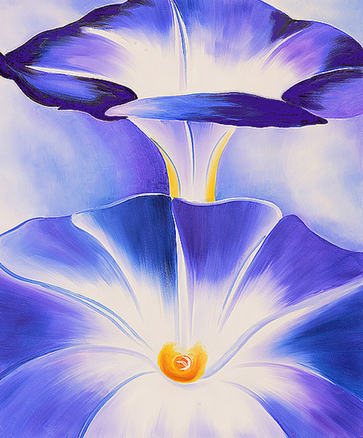 "Blue Morning Glories" by Georgia O'Keeffe, showing her sparing use of yellow for great impact in her yellow/purple complementary color scheme. "Blue Morning Glories" by Georgia O'Keeffe