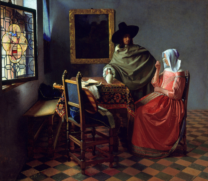 "The Glass of Wine", Johannes Vermeer.
A masterly use of the red/green complementary color combination. "The Glass of Wine" by Johannes Vermeer