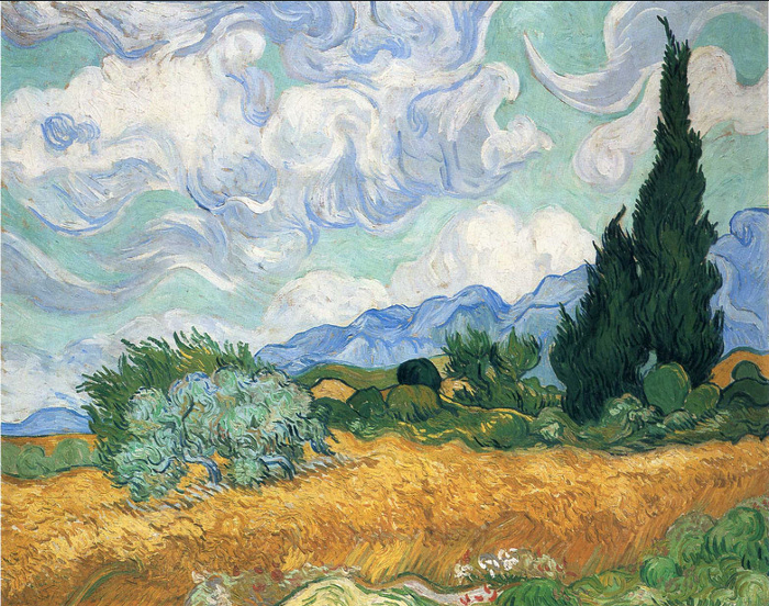 "Wheatfield with Cypress Tree" - another vibrant painting by Van Gogh using his favourite blue and orange color combination. "Wheatfield with Cypress Tree" by Van Gogh.