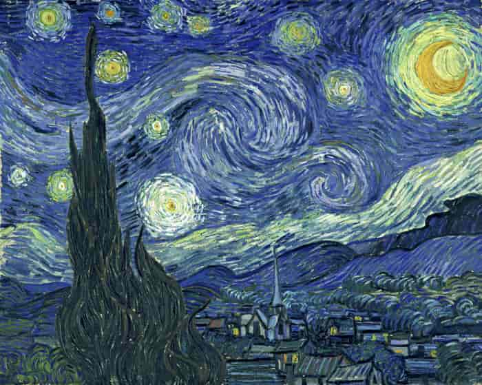 Van Gogh's famous "Starry Night" painting showing the intensity of his feelings for the view from his window that night in 1899. "The Starry Night" Vincent van Gogh 1899