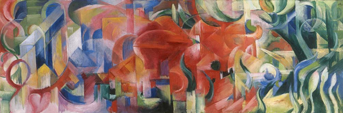 Maybe walking in a forest sparked off Franz Marc's imagination for this abstract work? "Forms at Play" Franz Marc