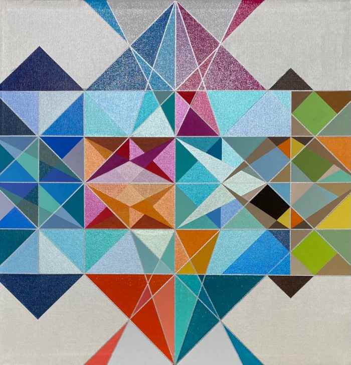 "Dazzle" by Gene Lang, using carefully composed formal geometric shapes, color and tone to portray a gem-like feeling to this abstract work. "Dazzle", by Gene Lang