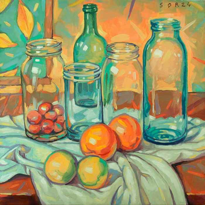 Juan Siquier's "Glass Jars and Fruit" shows how to make a transparent cylinder look solid with the use of ellipses. "Glass Jars and Fruit" by Juan Siquier