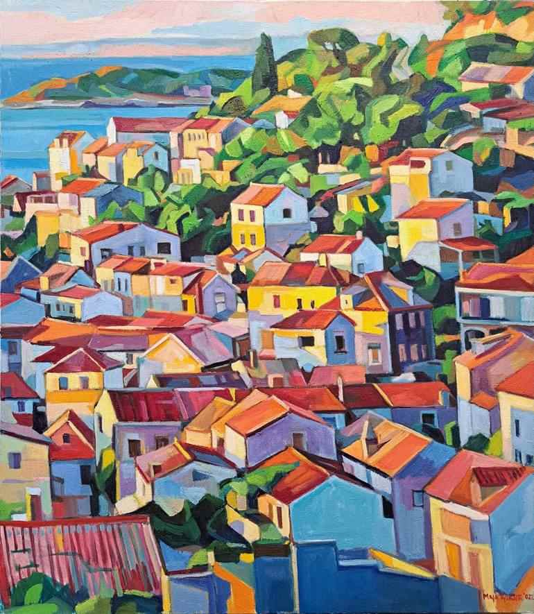 "On the Hill" by Maja Dokic Mihajlovic, showing her artist's eye for color and cubic forms in a landscape. "On the Hill" by Maja Dokic Mihajlovic.