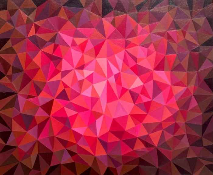 "Red Ruby" by Maria Tuzhilkina showing how her use of color and tone reveals gem-like pyramid forms in this painting. "Red Ruby" by Maria Tuzhilkina