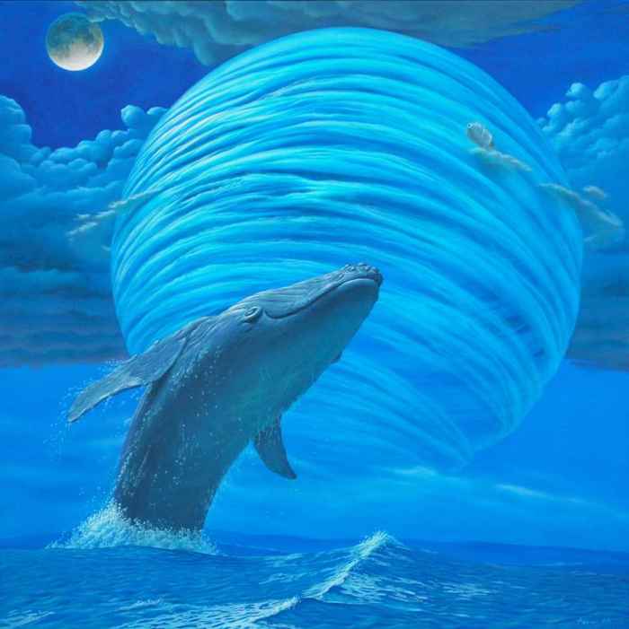 "Planet of Water - Whale" by Kazuaki Maitani showing how to use contour lines to portray a sphere in this surreal and imaginative work. "Planet of Water - Whale" by Kazuaki Maitani.
