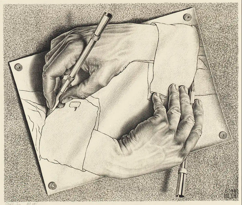 An intriguing drawing by M.C.Escher. No color needed here to get his idea across. "Drawing Hands" M.C.Escher