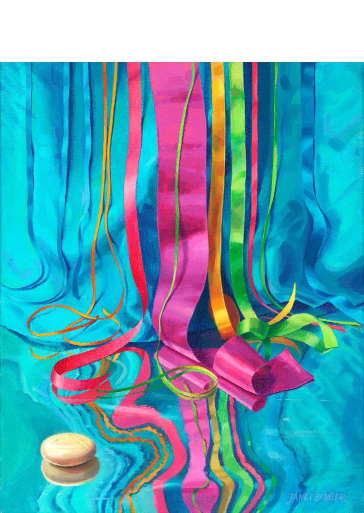 "Ribbonfall" Texture is one of the  elements of art I enjoy portraying in my still-life groups. This one was done at the time when I was obsessed with reflections! "Ribbonfall" Janet Bowler. A still life illustrating the texture element of art.