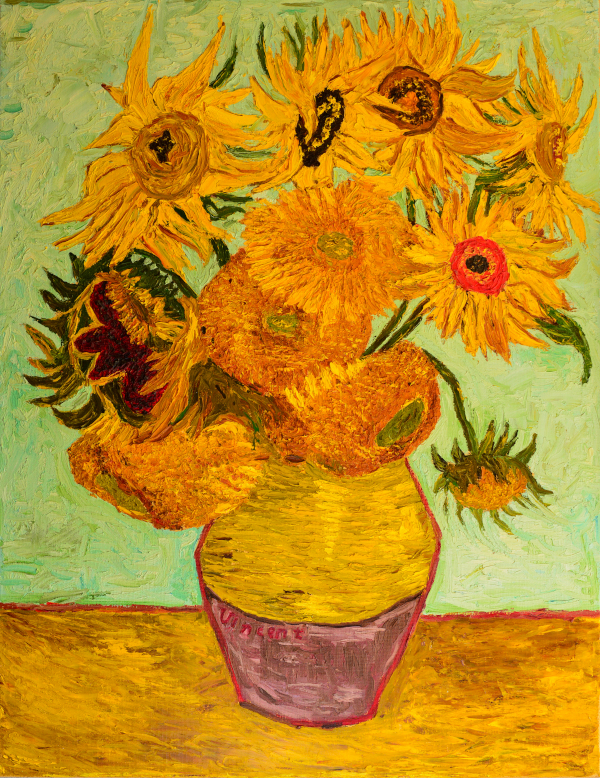 Vincent Van Gogh's Sunflowers showing the texture art element in his use of the impasto technique. One of Van Gogh's vibrant sunflower paintings.