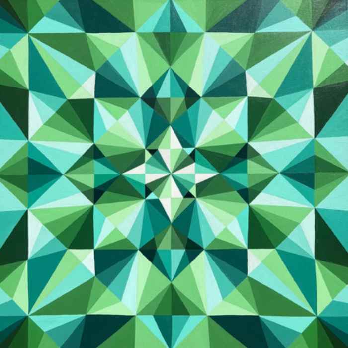 "Emerald", Sparkling, geometric painting by Maria Tuzhilkina showing green and its analogous colors. "Emerald" by Maria Tuzhilkina