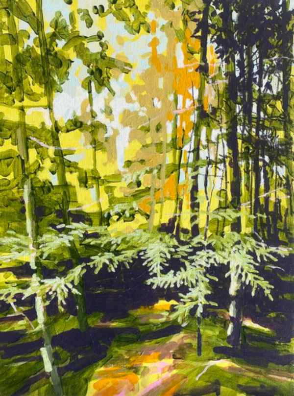 "Yellow Pine Forest" by Randall Mattheis brings to life the atmosphere of a light-filled, leafy forest. "Yellow Pine Forest" by Randall Mattheis.