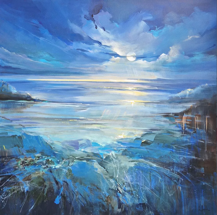 "The Full Moon" a loosely painted abstract By Irina Laube showing blue and its analogous colors. "The Full Moon" by Iria Laube