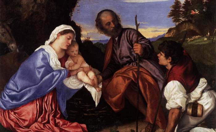 The Renaissance painter, Titian, showing 
the use of a triangular shape to underlie the composition. "The Holy Family with a Shepherd" by Titian.