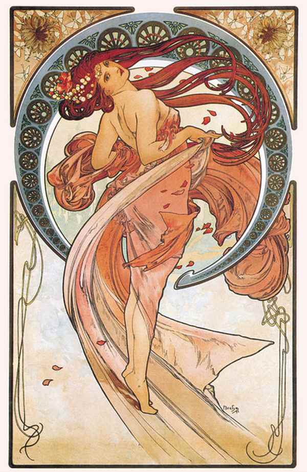 Alphonse Mucha's "Dance" showing his use of swirling lines and shapes to express movement. "The Arts: Dance" by Alphonse Mucha