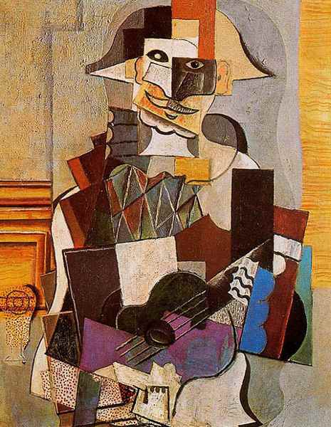 Pablo Picasso in cubist mode with "Harlequin". Lots of geometrical shape elements in evidence here. Pablo Picasso's "Harlequin"