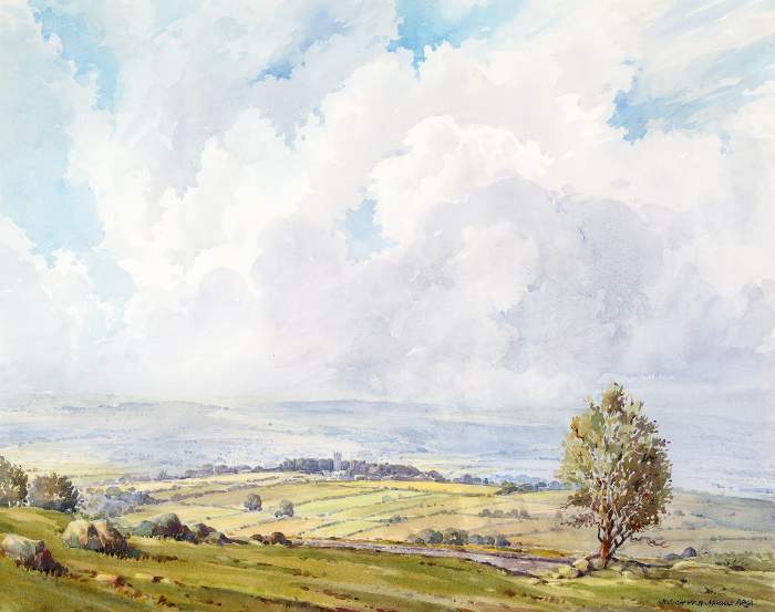"Widecombe-in-the-Moor, Dartmoor" by Josiah Moore showing three ways atmosphere perspective can be portrayed. "Widecombe-in-the-Moor, Dartmoor" by Josiah Moore