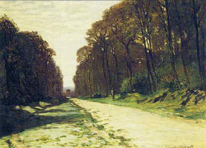 "Road in a Forest" by Claude Monet,showing linear perspective - one of the ways we can use the space element in art. "Road in a Forest, Fontainebleau" Claude Monet