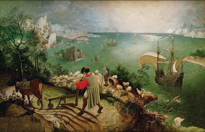 "Landscape with the Fall of Icarus" originally thought to be by Pieter Bruegel the Elder, showing the use of warm and cool colors to convey a sense of space and distance. "Landscape with the Fall of Icarus"  thought to be by Pieter Bruegel the Elder