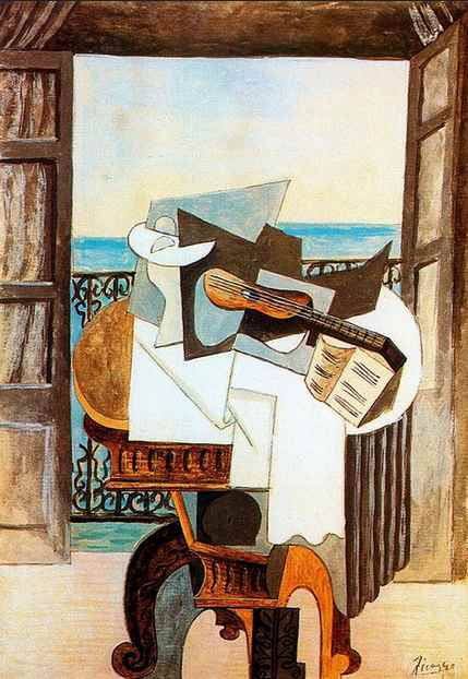 Picasso's "Table in Front of Window" - from his Cubist period. The still life was his starting point from which he abstracted different views and perspectives to arrange in the one painting. Pablo Picasso's still life, "Table in Front of Window", from his Cubist period.